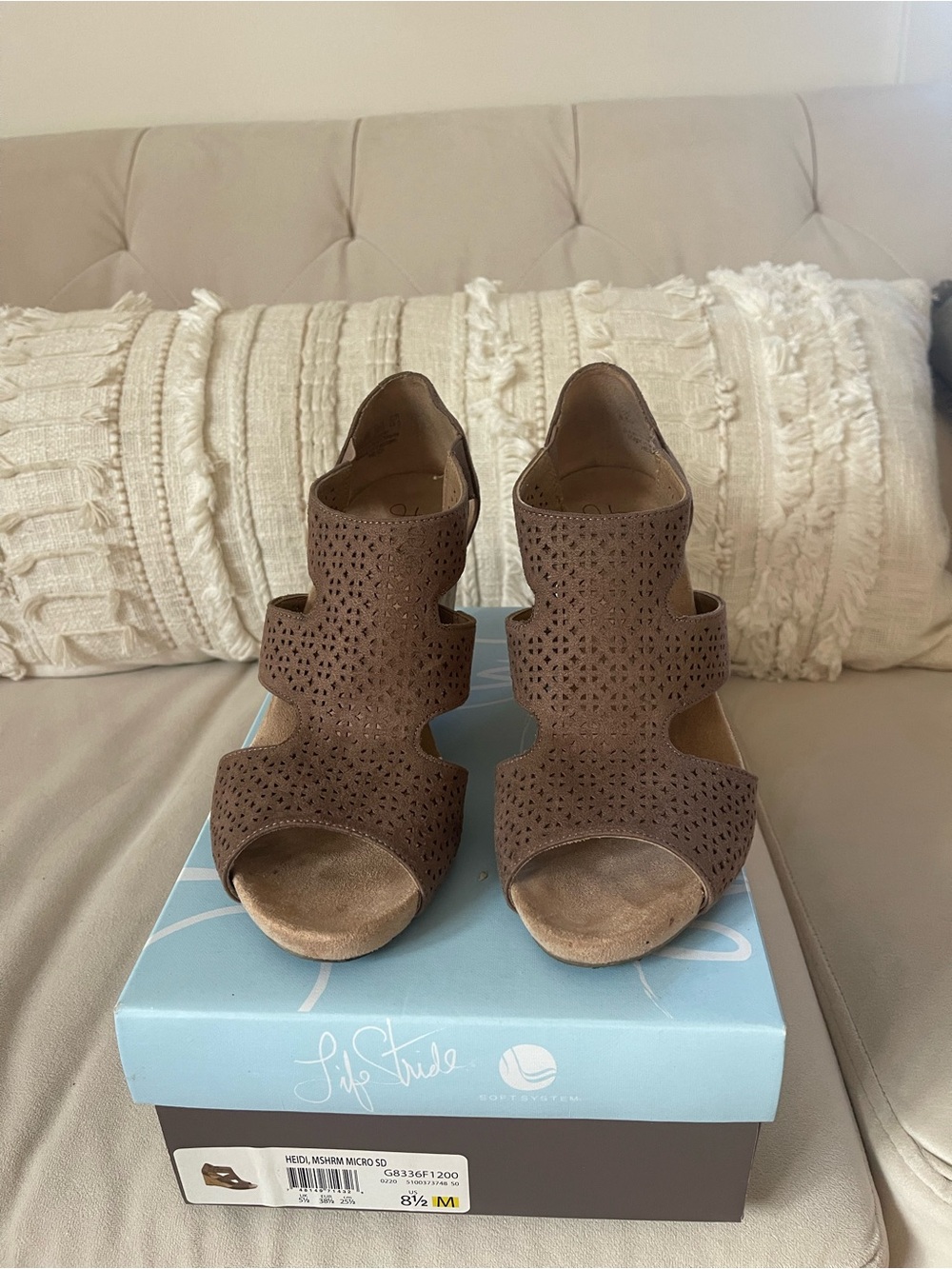 Life Stride Taupe Perforated Wedge Sandals